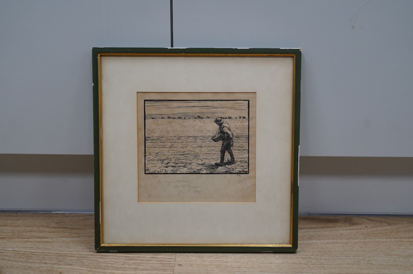 Lucien Pissarro (French, 1863-1944), designed by Camille Pissaro, woodcut, 'The Sower', with personal inscription dated June 6th 1947, 18 x 19cm. Condition - fair